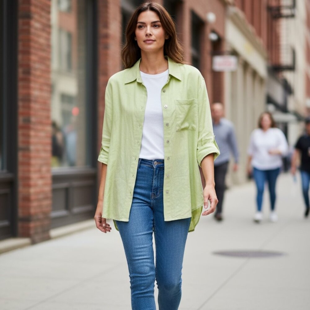 100% Linen Top Tunic Button Up Shirt Womens 2X New Leaf Mother Pearl Buttons